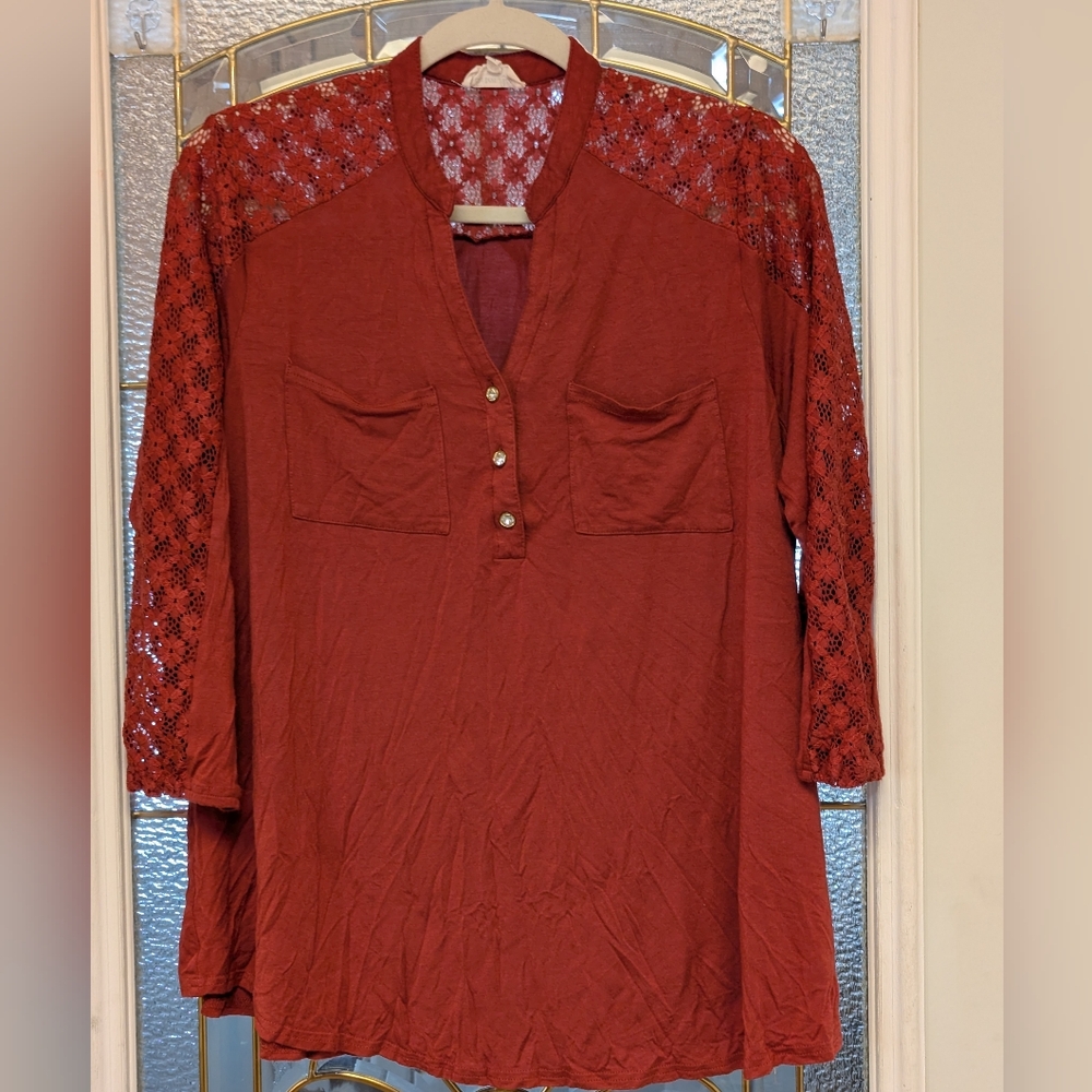 J476 Siren Lily Terracotta Lace Sleeve Tunic XL